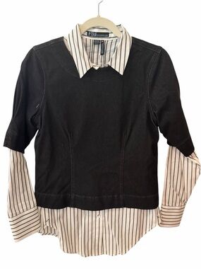 FDJ French Dressing Jeans Layered Denim Striped Shirt Top Black Small NWT